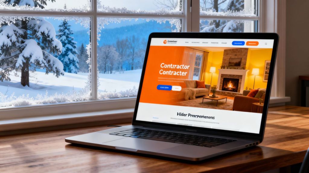 Contractor website on laptop with winter scene.