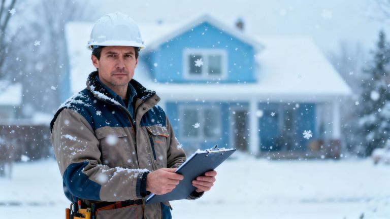 Contractor in snow, ready for winter jobs.