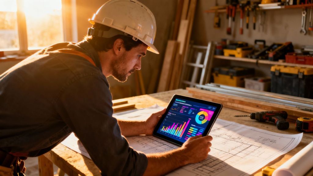 Contractor with digital marketing dashboard on tablet.