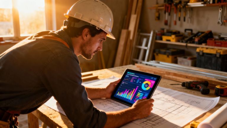 Contractor with digital marketing dashboard on tablet.
