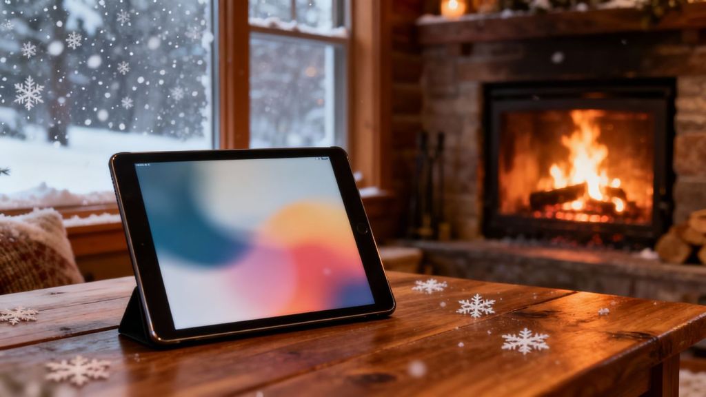 Contractor website homepage with winter scene and fireplace.
