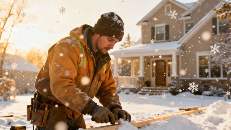 Contractor working outdoors in winter snow.