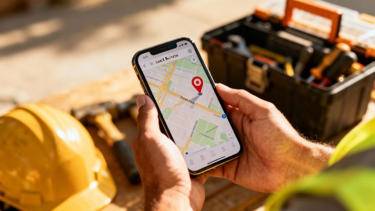 Contractor using phone for local search results.