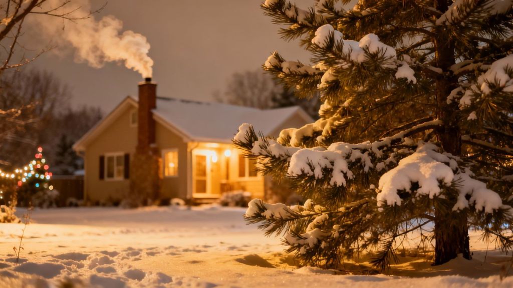 Cozy winter scene with snow-covered trees and a house.