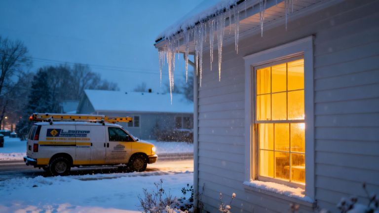 Contractor van on snowy street near house.