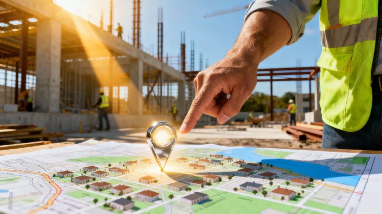 Contractor pointing to a map pin on a neighborhood map.