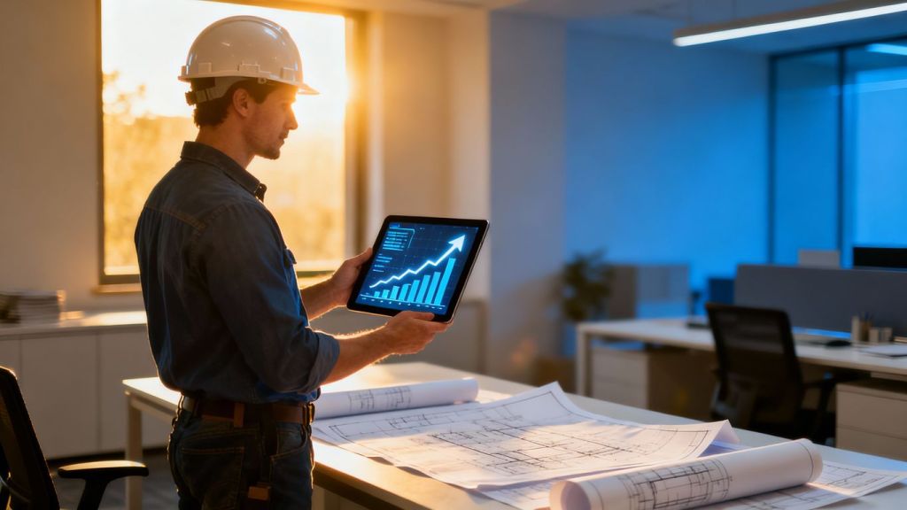 Contractor with tablet showing business growth.