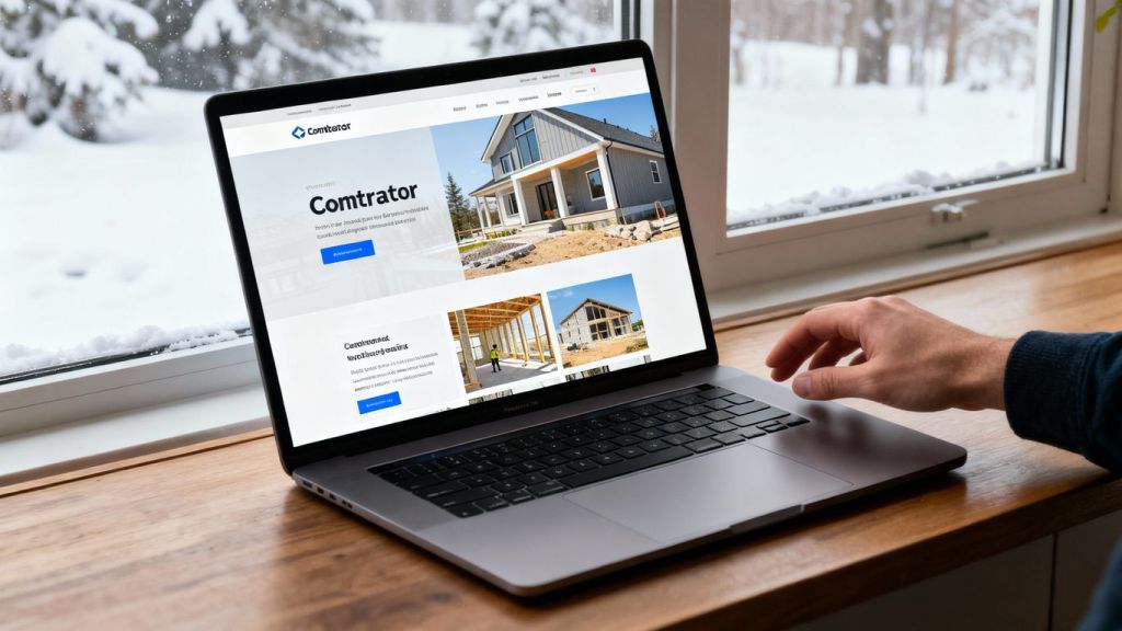 Contractor website on laptop with snowy background.