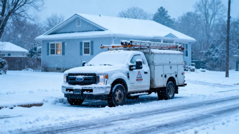 Contractor truck in a snowy neighborhood.