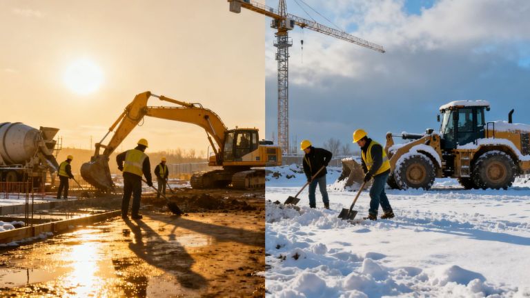 Contractors working in sunny and snowy environments.