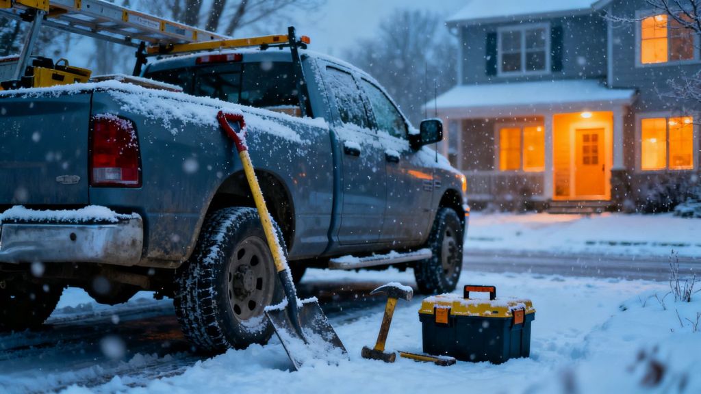 Contractor truck on snowy street near house.