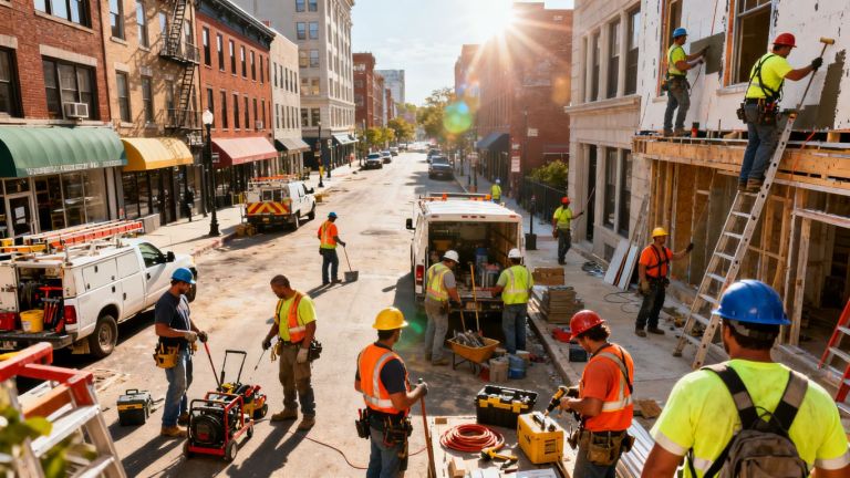 Contractors working on buildings across a city.