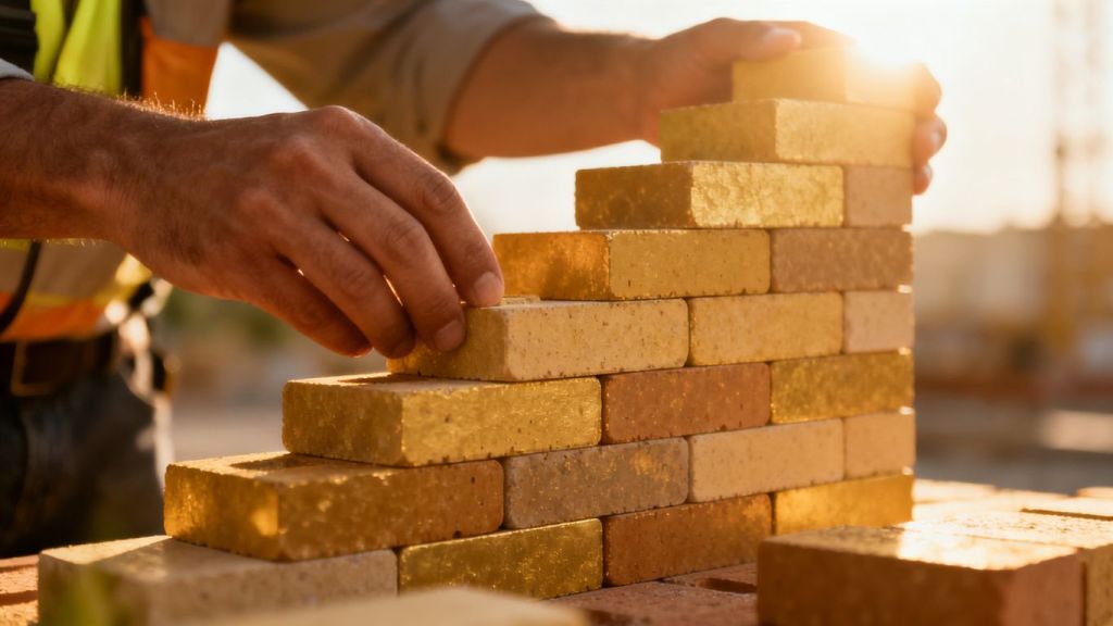 Contractor building a structure with blocks.
