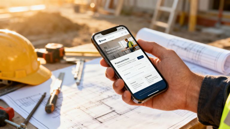 Contractor using a mobile-friendly website on a smartphone.