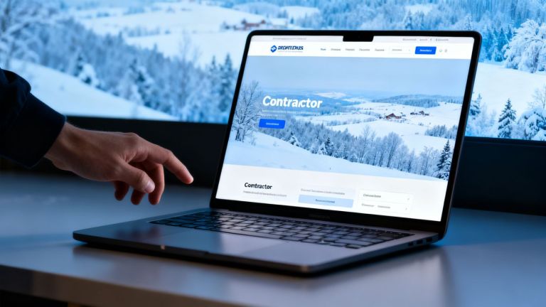 Contractor website on laptop in cold weather setting.