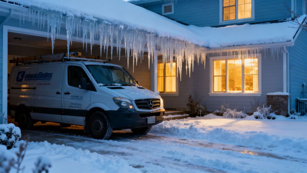 Contractor van in snowy driveway, winter service.