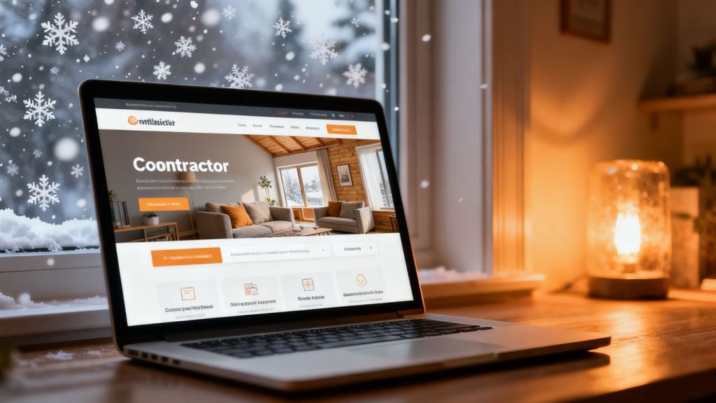 Contractor website on laptop with winter scene outside.