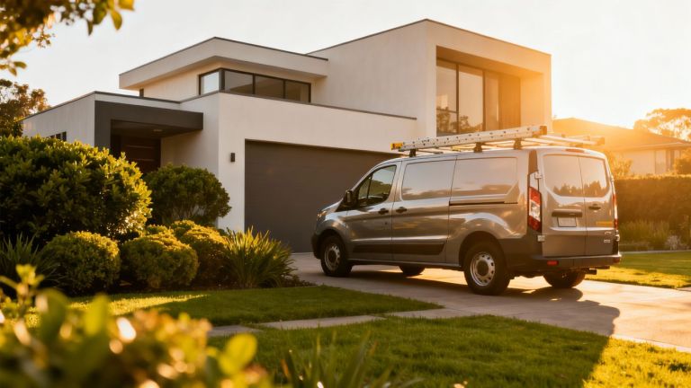 Contractor van outside a modern house.