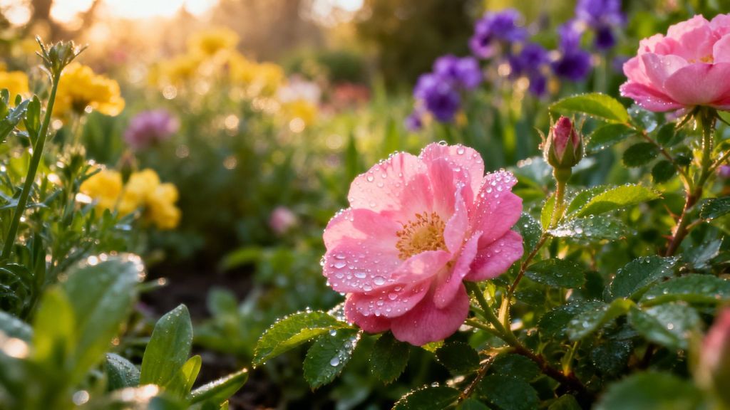 Blooming spring flowers in a garden.