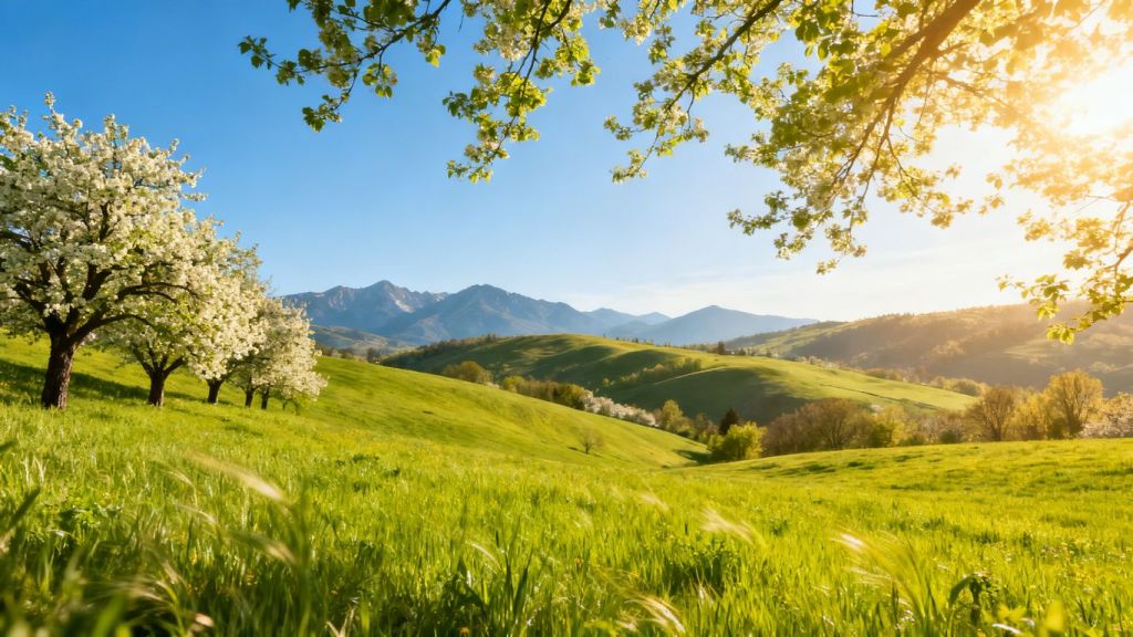 Springtime landscapes across the United States with green fields and blooming trees.