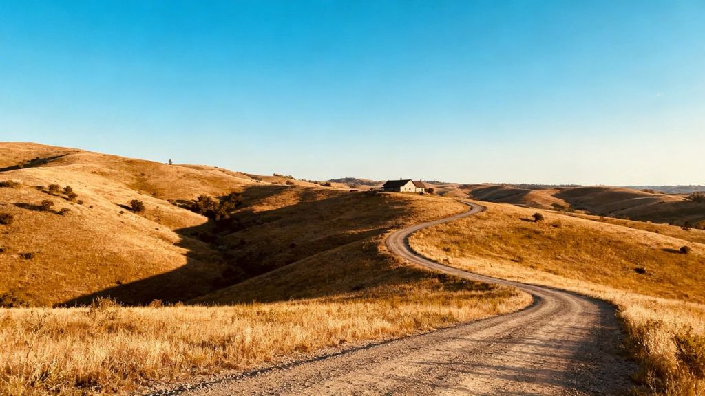 Rural landscape with dirt road and distant farmhouse.