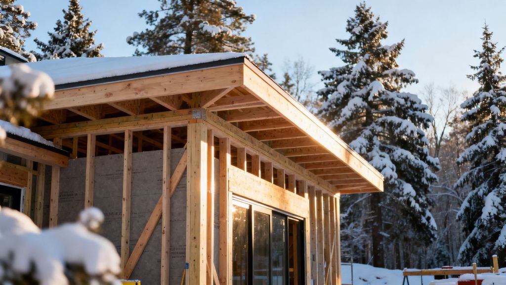 Completed winter construction project with snow.