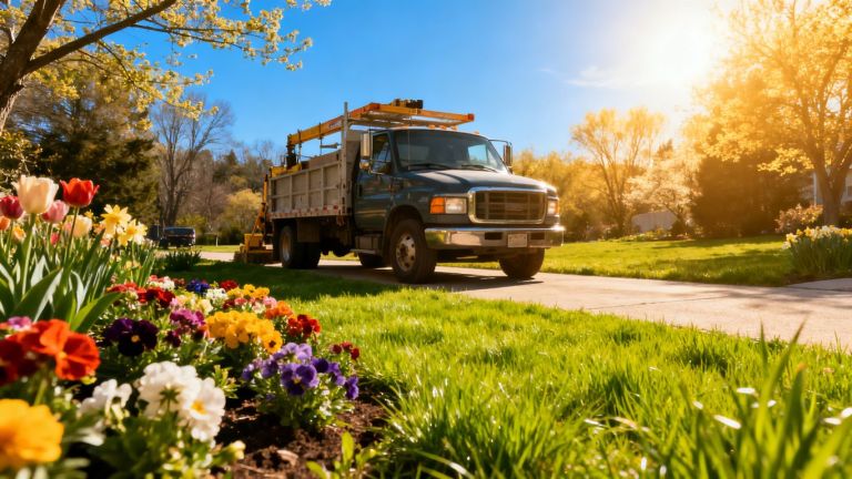 Contractor truck in a sunny spring landscape.