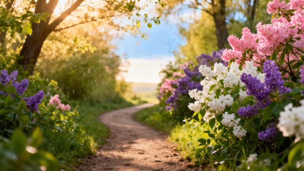 Spring path leading to a bright horizon