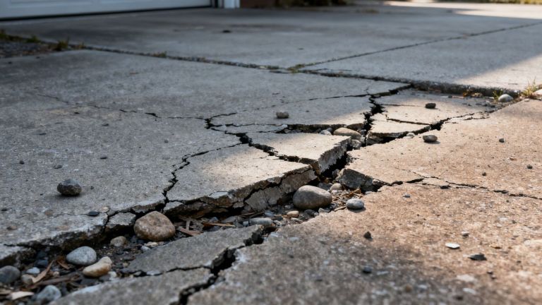 Cracked concrete driveway surface with visible winter damage.