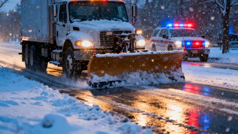 Snow plow clearing a street during an emergency repair.