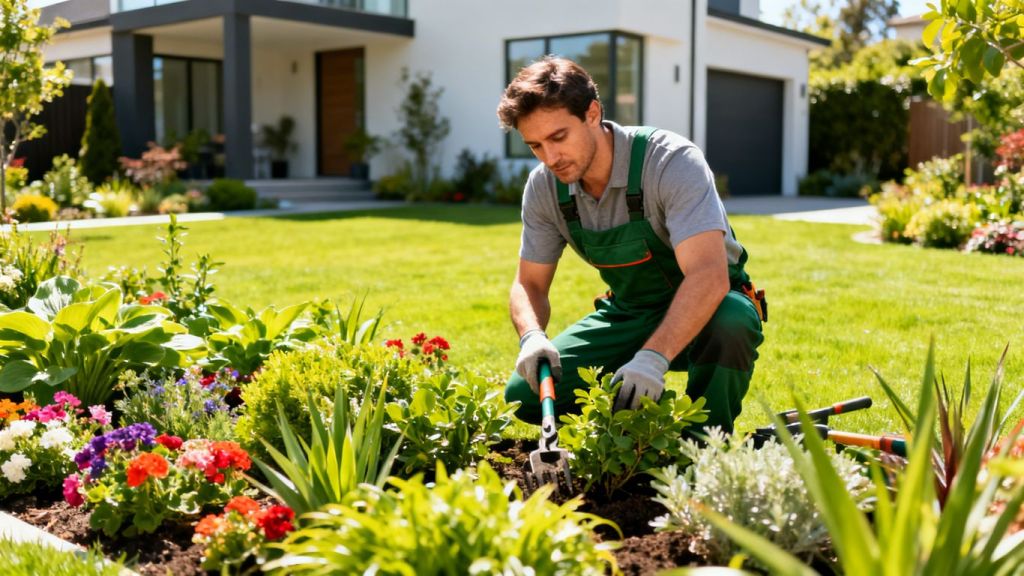 Landscaper working in a beautiful, well-kept garden.