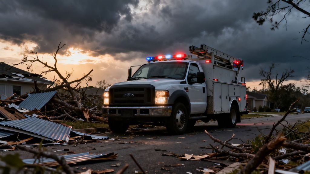 Storm restoration truck amidst debris under cloudy sky.
