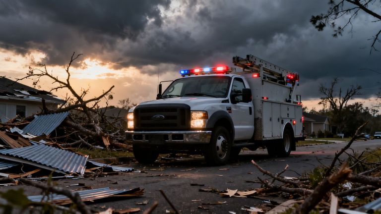 Storm restoration truck amidst debris under cloudy sky.