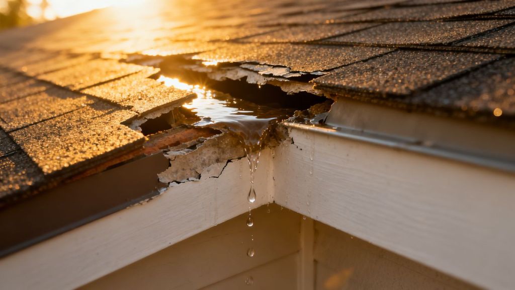 Roof leak with water dripping, professional repair implied.