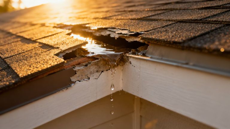 Roof leak with water dripping, professional repair implied.