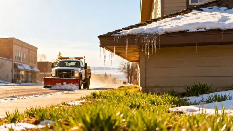 Contractor truck with snow plow, spring thaw in Wyoming.