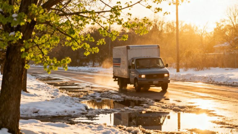 Van driving on a street during thaw season.