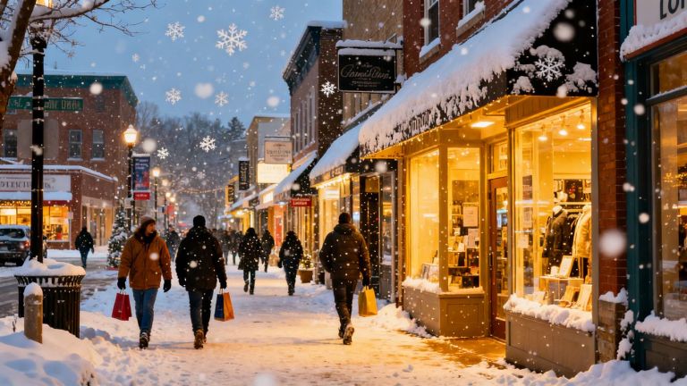Snowy street with local shops and people walking.