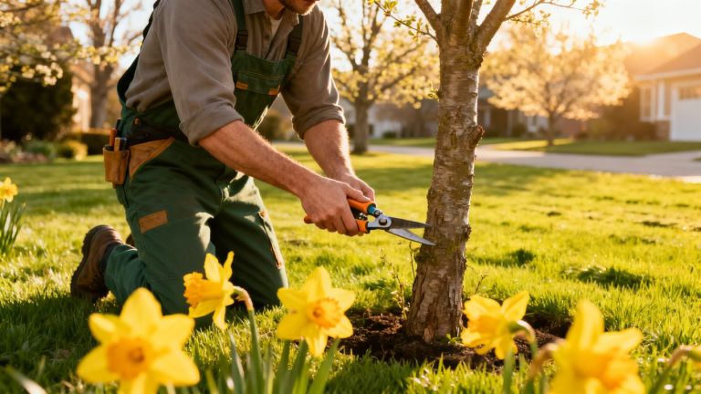 Landscaper tending to a lawn and daffodils in early spring.