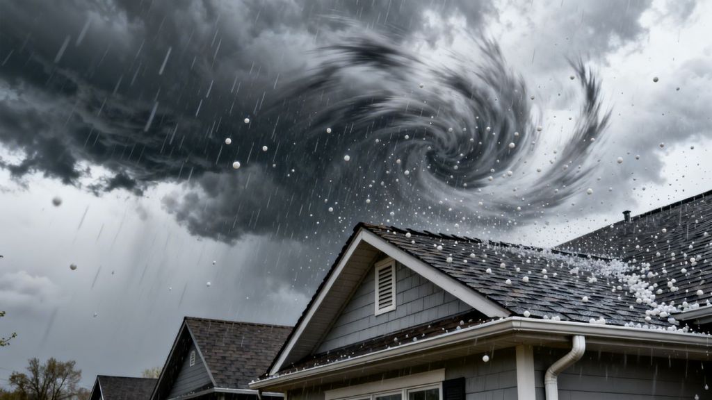 Wyoming homes with storm clouds and hail above roofs
