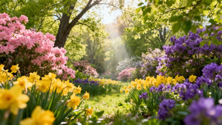Spring landscape with blooming flowers and sunlight.