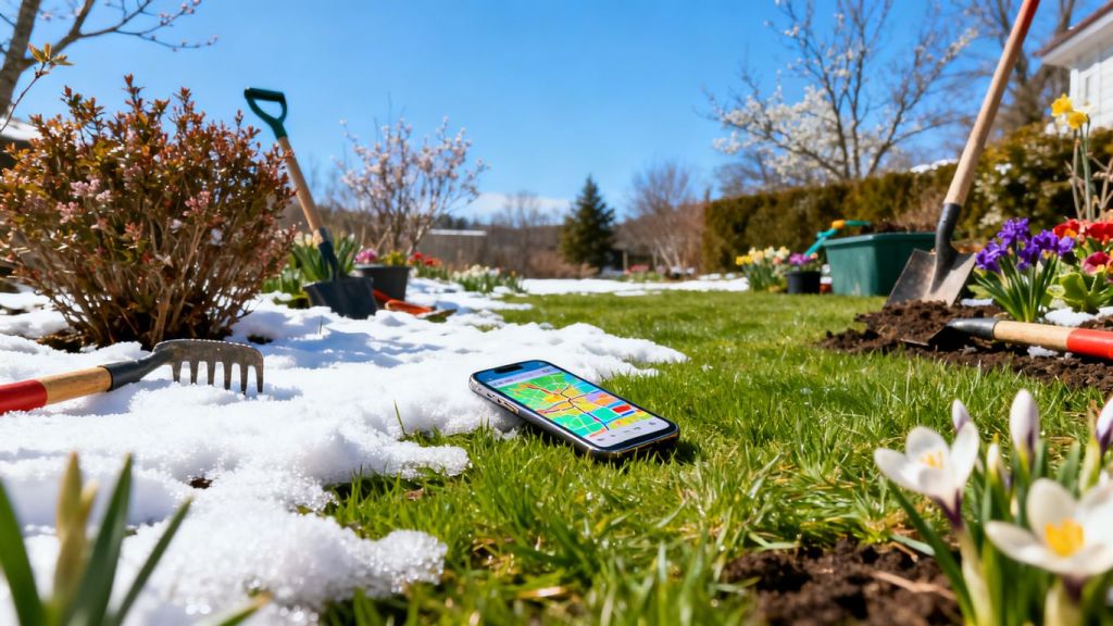 Landscaper tools, green lawn, smartphone with map, melting snow