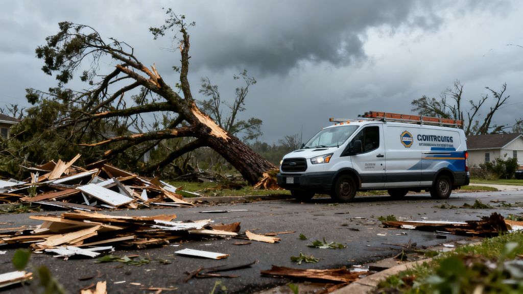 Contractor van near storm-damaged house.