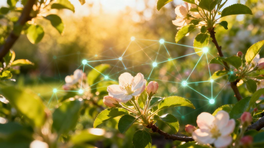 Spring garden with digital connections, tracking campaign success.