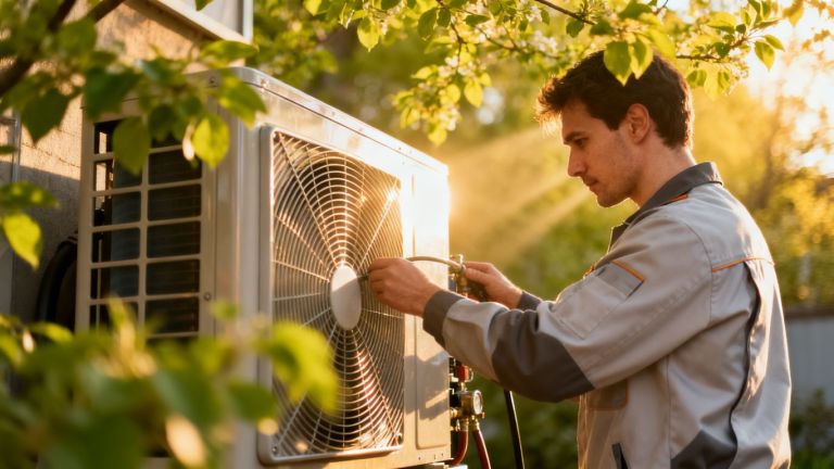 HVAC technician performing a spring tune-up on an outdoor unit.