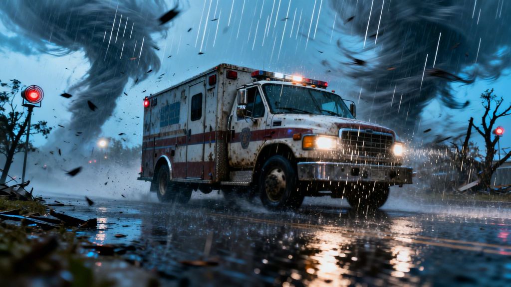 Emergency vehicle in a spring storm.