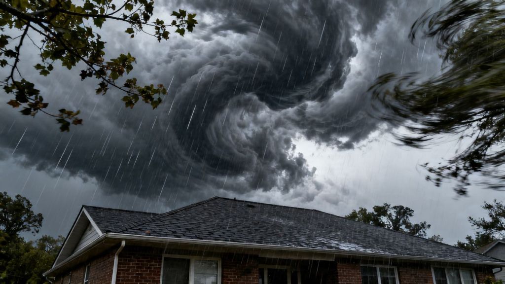Stormy sky over a house with a strong roof.