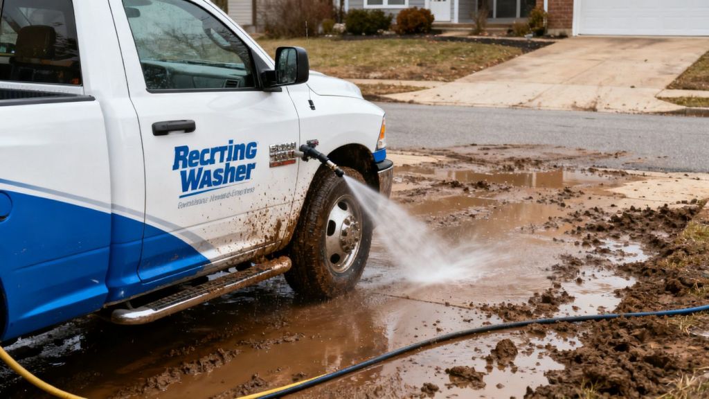 Pressure washing truck cleaning muddy driveway.