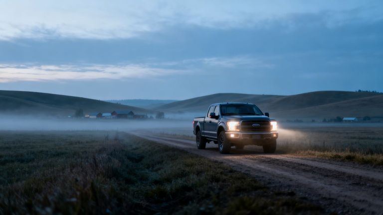 Rural landscape with pickup truck and distant farmhouses.