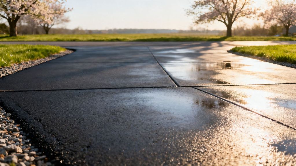 Freshly paved and seal-coated asphalt driveway on a sunny day.